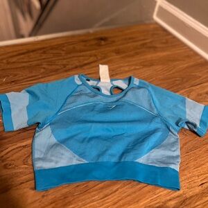 Gymshark Ultra Seamless Crop Top - Blue L short sleeve back cut-out.
